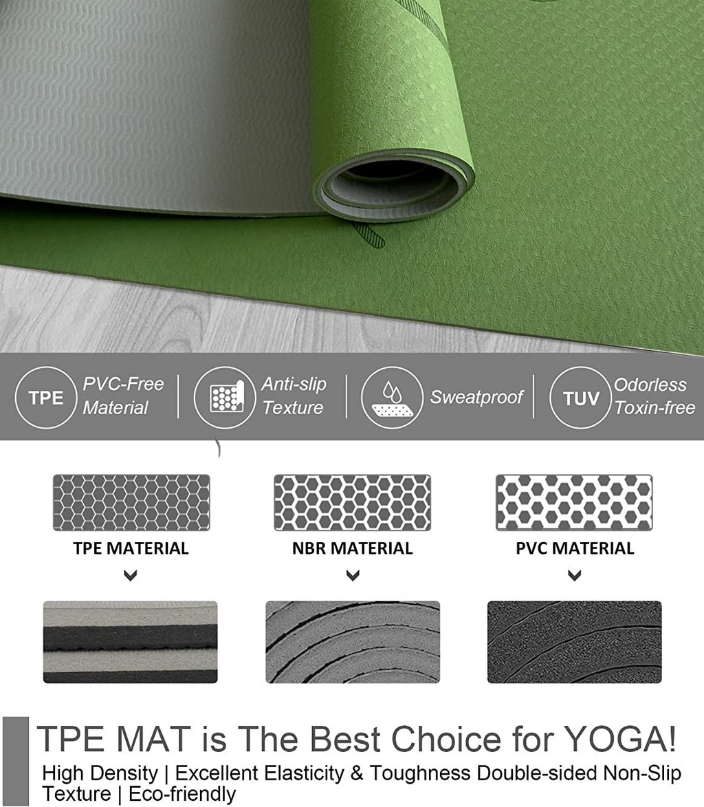 HJB VISSO Yoga Mat, Non Slip Pilates Fitness Exercise Mat with Alignment Marks for Women Men, 183 x 61 x 0.6cm Thick Eco Friendly TPE, Carrying Strap & Storage Bag Included
