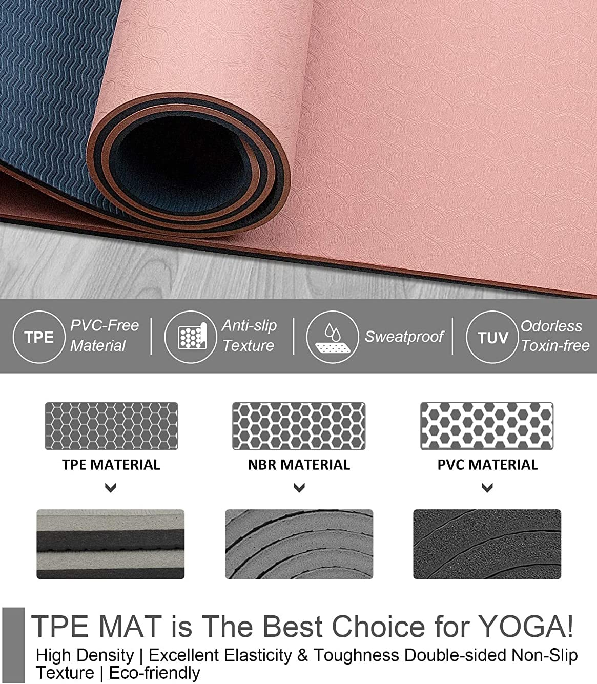 HJB VISSO Yoga Mat, Non Slip Pilates Fitness Exercise Mat with Alignment Marks for Women Men, 183 x 61 x 0.6cm Thick Eco Friendly TPE, Carrying Strap & Storage Bag Included